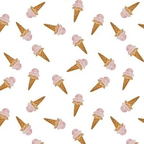 Mini Scattered Watercolor Ice Cream in Waffle Cones with White Background