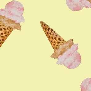 Large  Scattered Watercolor Ice Cream in Waffle Cones with Pastel Yellow Background