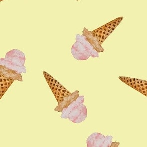 Medium  Scattered Watercolor Ice Cream in Waffle Cones with Pastel Yellow Background