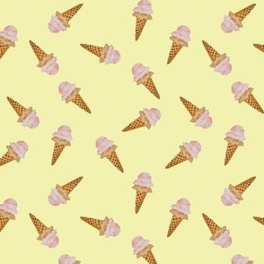 Mini  Scattered Watercolor Ice Cream in Waffle Cones with Pastel Yellow Background