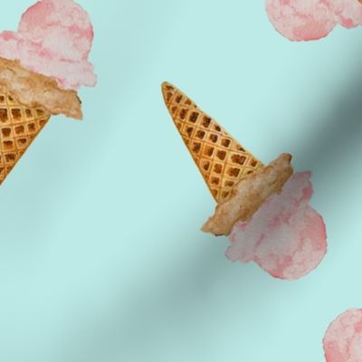 Large Scattered Watercolor Ice Cream in Waffle Cones with Pastel Acqua Background