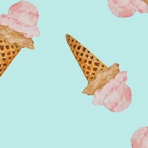 Large Scattered Watercolor Ice Cream in Waffle Cones with Pastel Acqua Background