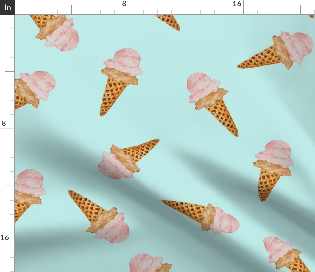 Large Scattered Watercolor Ice Cream in Waffle Cones with Pastel Acqua Background
