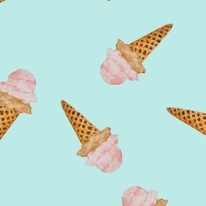 Medium Scattered Watercolor Ice Cream in Waffle Cones with Pastel Acqua Background