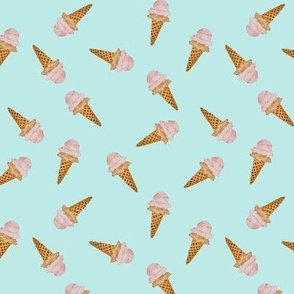 Mini Scattered Watercolor Ice Cream in Waffle Cones with Pastel Acqua Background