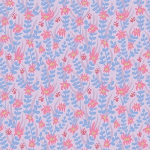 Pink & Blue Flowers on Mauve Background 