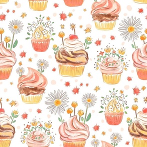 Floral cupcake groovy BIRTHDAY _ORANGE & PEACH ; SOLID WHITE background_ MEDIUM scale