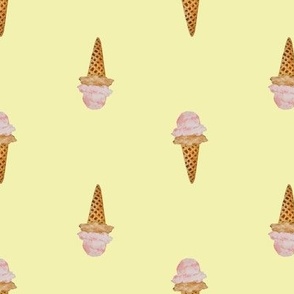 Medium Watercolor Ice Cream in Waffle Cones with Pastel Yellow Background in Two Directions