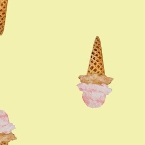 Large Watercolor Ice Cream in Waffle Cones with Pastel Yellow Background in Two Directions