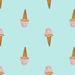 Medium Watercolor Ice Cream in Waffle Cones with Pastel Acqua background in Two Directions