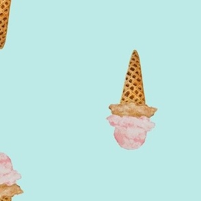 Large Watercolor Ice Cream in Waffle Cones with Pastel Acqua background in Two Directions