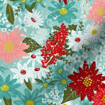 Vintage Poinsettia Christmas Floral, Aqua