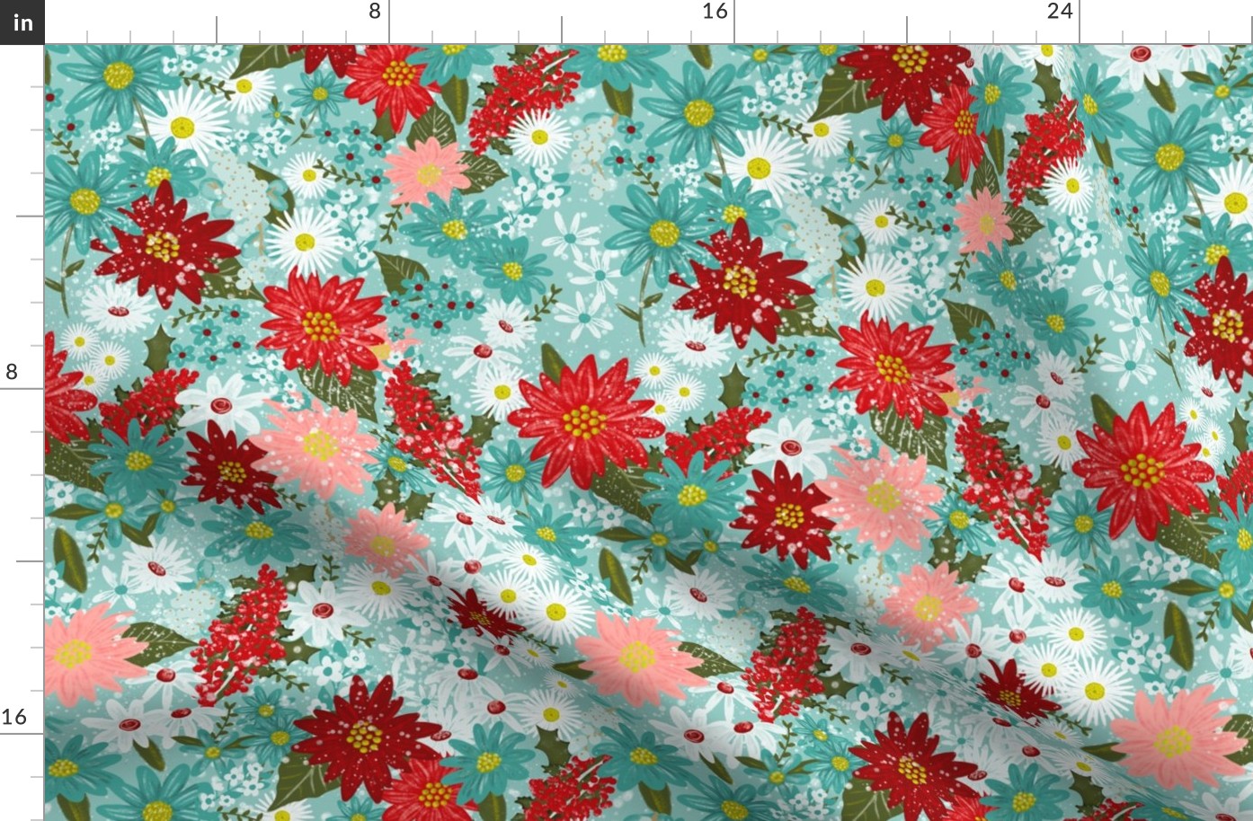 Vintage Poinsettia Christmas Floral, Aqua