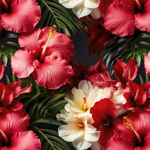 Hibiscus in red and white in leaves on a medium scale.