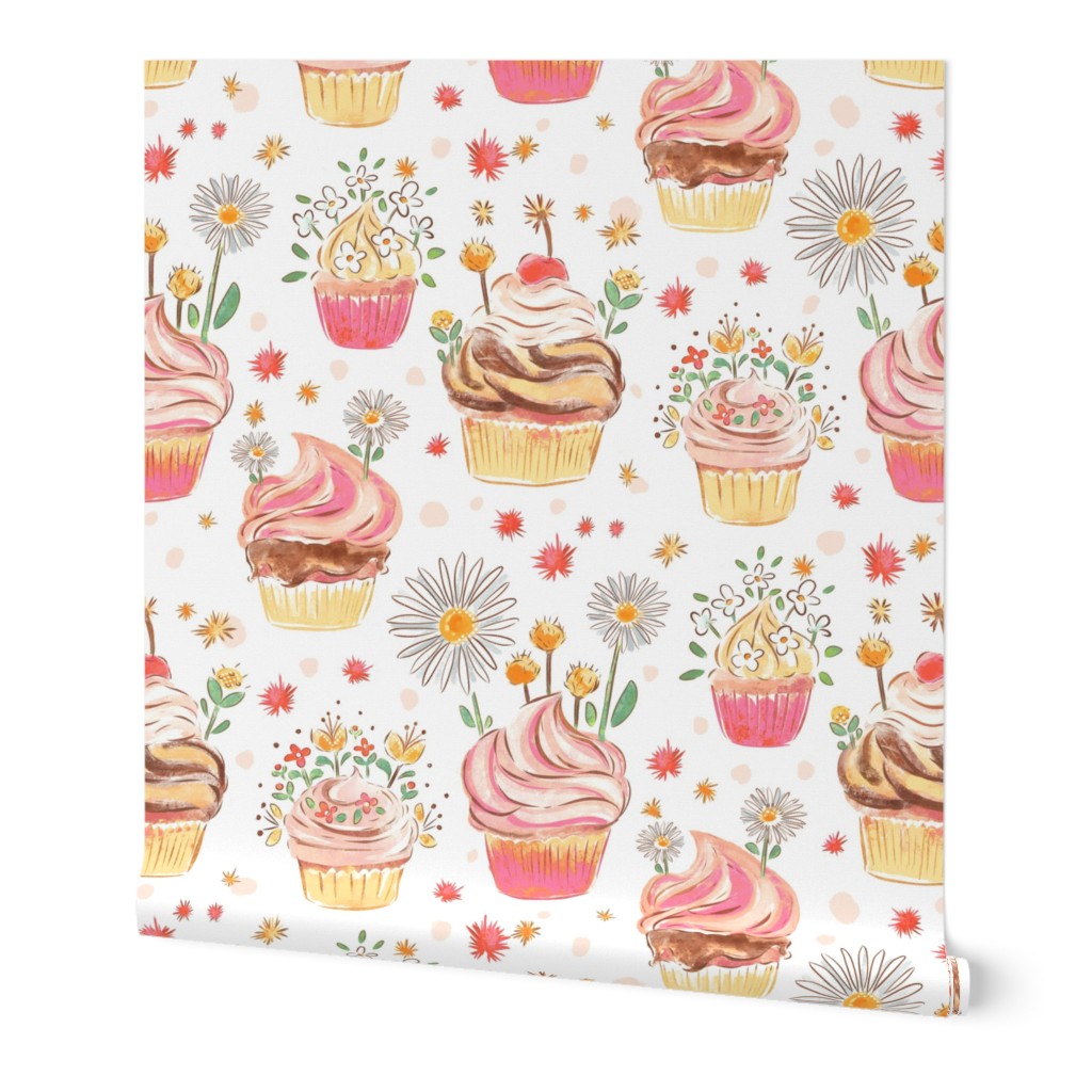 Floral cupcake BIRTHDAY _PINK _ WHITE background_ SMALL  scale