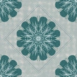 Fully Symmetrical Floral Mandala in Teal & Grey