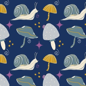 Snail and mushrooms - blue, yellow and pink