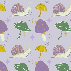 Snail and mushrooms - green, purple, yellow