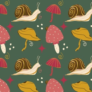 Snail and mushrooms - pink and green, yellow