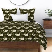 Buttercup Birds | Dark Green with White Birds & Leaves | Medium Scale