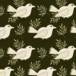 Buttercup Birds | Dark Green with White Birds & Leaves | Medium Scale