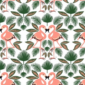 Totally Tropical Pink Flamingo Birds + Palm Leaves - White - LARGE