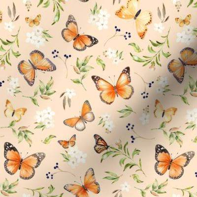 Monarch Butterflies SM – Orange Butterfly Fabric, Garden Floral, Flowers & Butterflies Fabric (apricot)