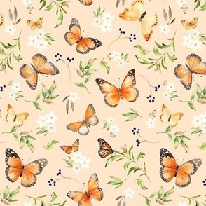 Monarch Butterflies SM – Orange Butterfly Fabric, Garden Floral, Flowers & Butterflies Fabric (apricot)
