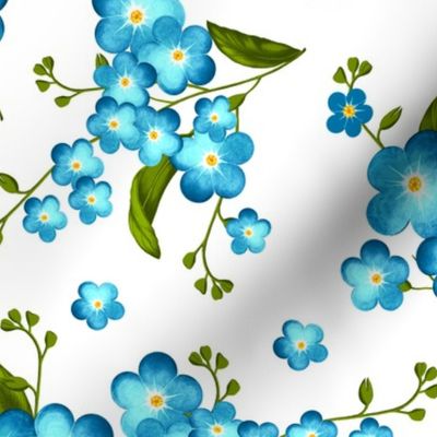 Forget-me-not flowers, Light blue with green leaves on a white background