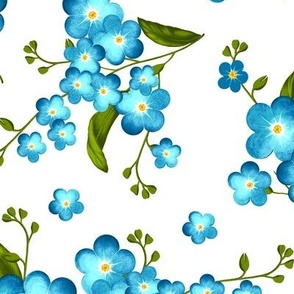 Forget-me-not flowers, Light blue with green leaves on a white background