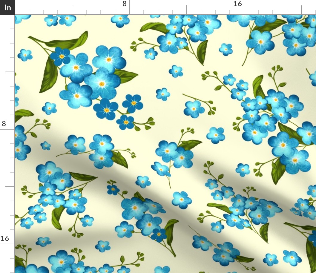 Forget-me-not flowers, Light blue with green leaves on a light yellow background