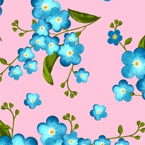 Forget-me-not flowers, Light blue with green leaves on a pink background