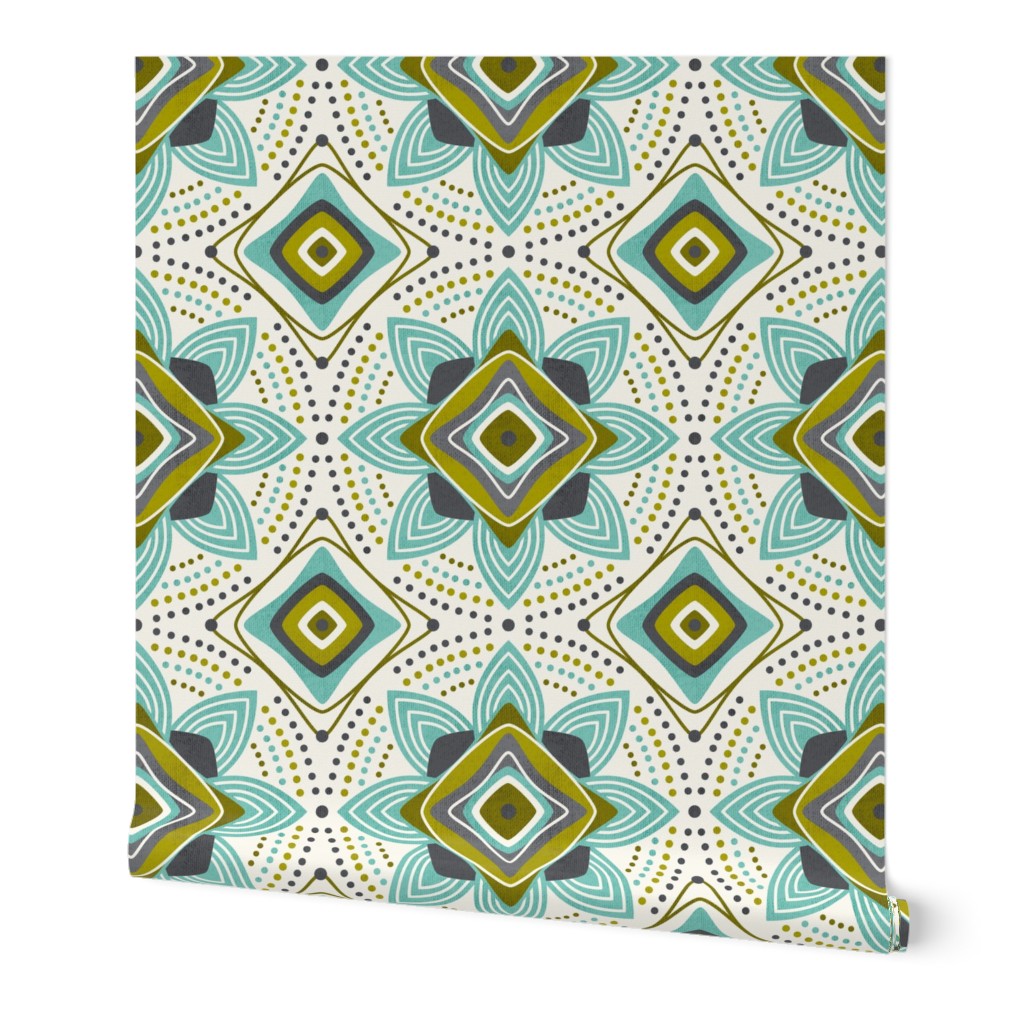 Radiant Blooms Geometric Floral Ivory Aqua Green Large