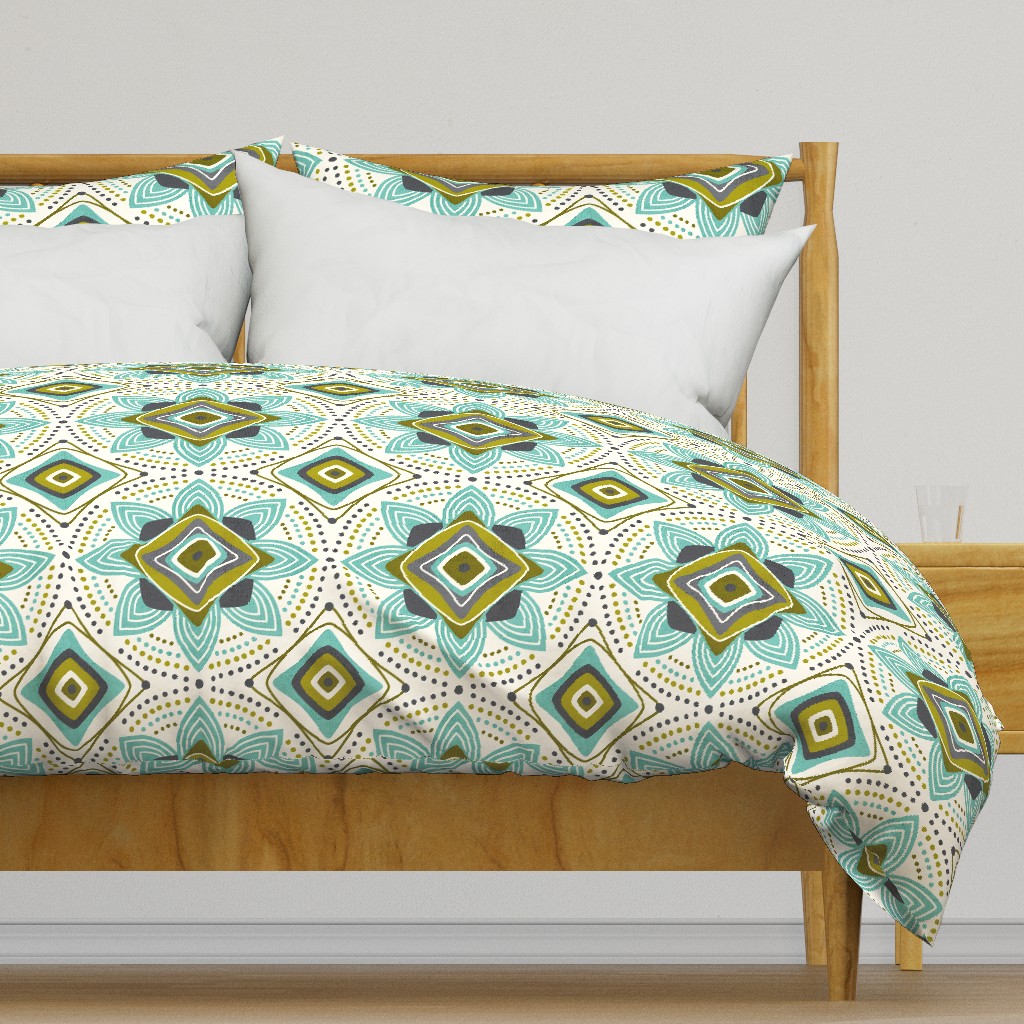 Radiant Blooms Geometric Floral Ivory Aqua Green Large