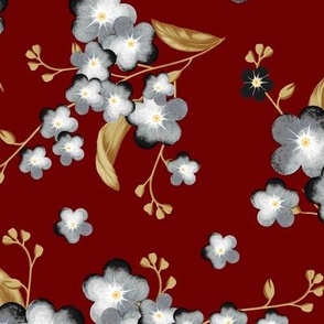 Forget-me-not flowers, Gray-black with beige leaves on a dark red background
