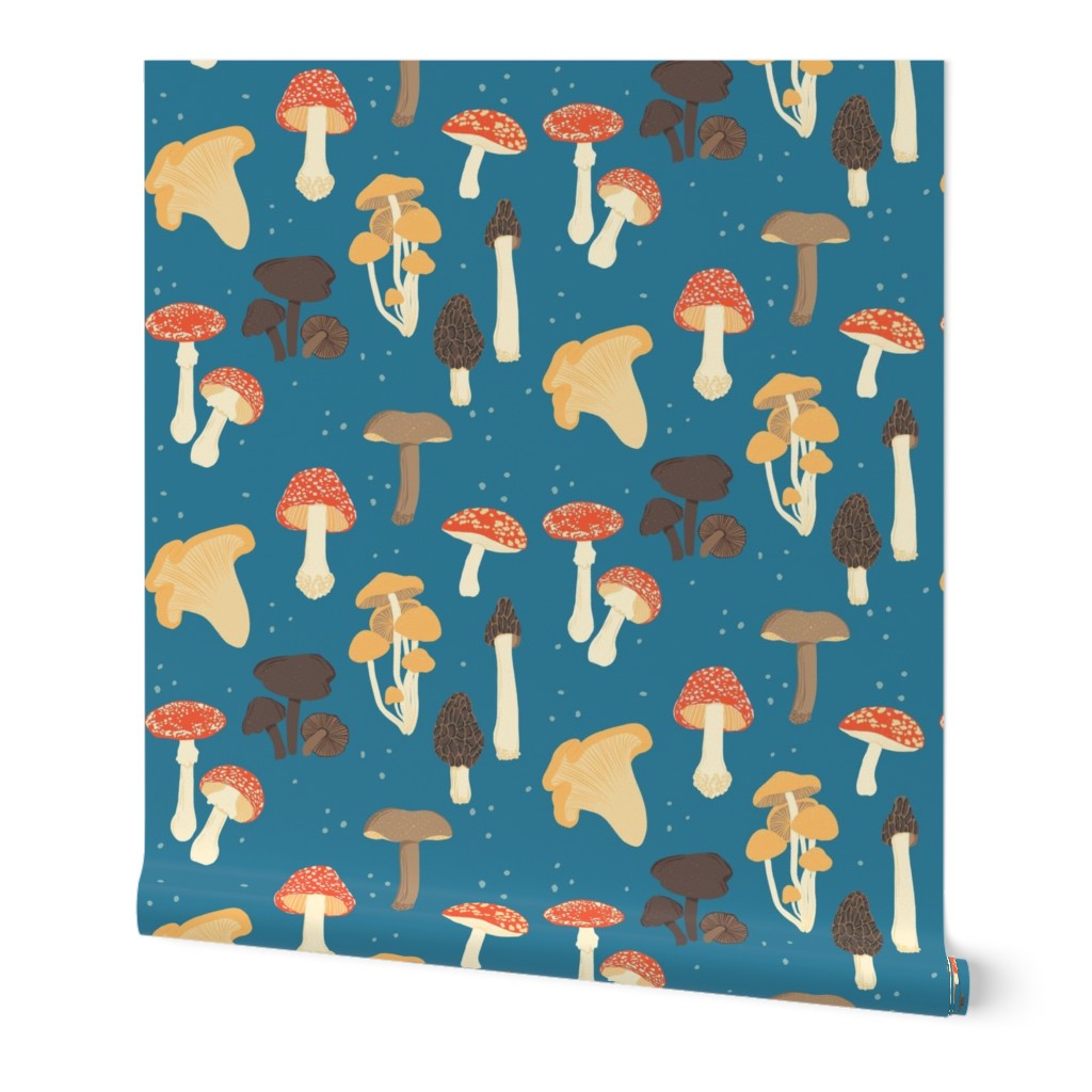 Forest Mushrooms and Spores on Deep Blue