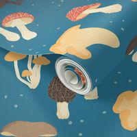 Forest Mushrooms and Spores on Deep Blue