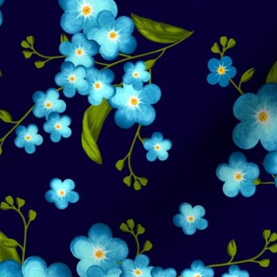 Forget-me-not flowers, Light blue with green leaves on a blue background