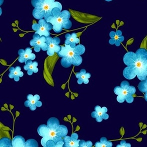 Forget-me-not flowers, Light blue with green leaves on a blue background