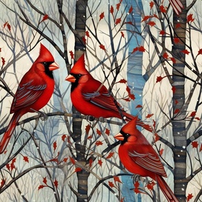 Woodland Cardinal Cardinals Bird Birds Standing in the Snowy Winter Forest Trees, Red
