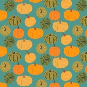 Autumn Orange and Olive Green Pumpkins on Teal Blue