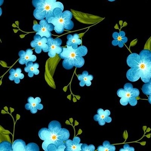 Forget-me-not flowers, Light blue with green leaves on a black background