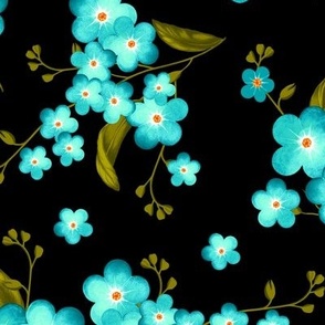 Forget-me-not flowers, Sky-turquoise with green leaves on a black background