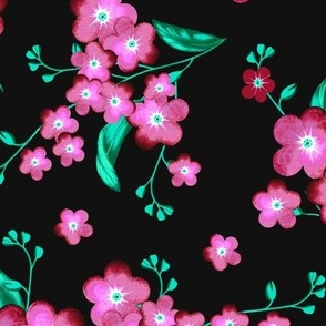 Forget-me-not flowers, Lilac-pink with turquoise leaves on a black background