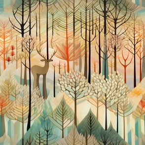Woodland Deer Standing in a Pastel Forest with Trees