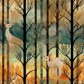 Woodland Deer Standing in a Pastel Forest with Trees and Bushes