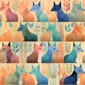 Woodland Fox Foxes in a Geometric Pattern in a Pastel Forest