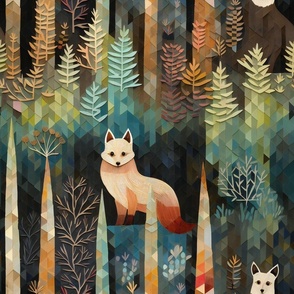 Woodland Fox Foxes Standing in Forest with Trees and Bushes