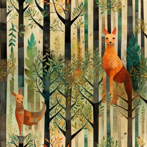 Woodland Fox Foxes Standing Alert in the Forest with Trees and Bushes