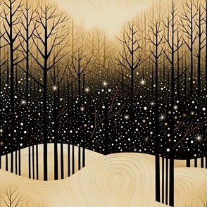 Woodland Winter Night Time Nighttime Snow Falling in the Forest Trees